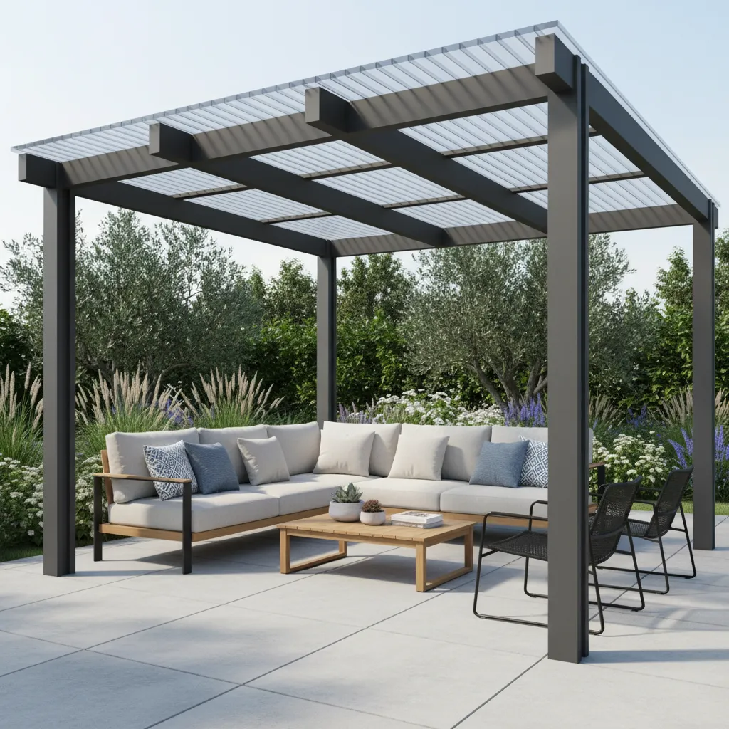 Multiwall polycarbonate patio roof panels installed on pergola structure for impact resistance