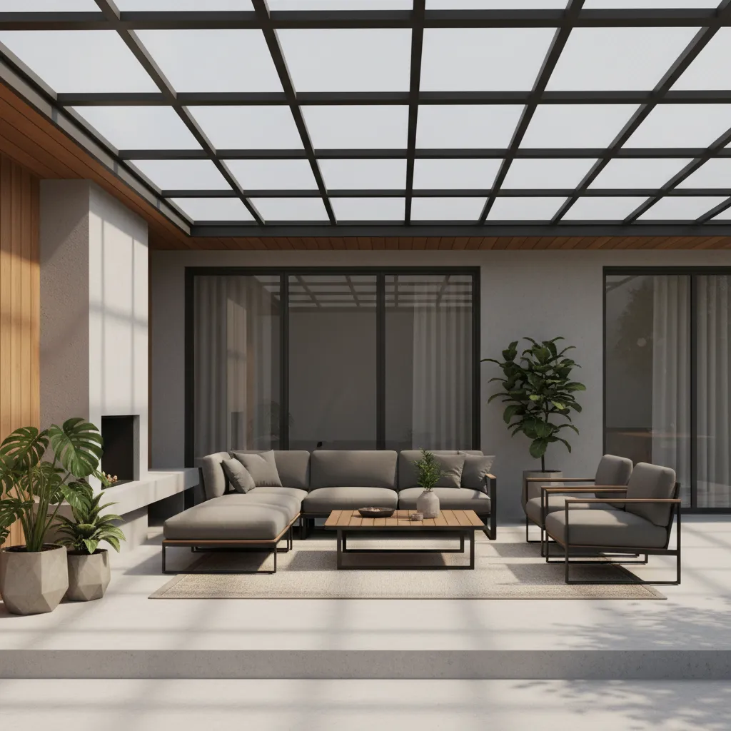 Modern porch with transparent polycarbonate roof panels allowing daylight