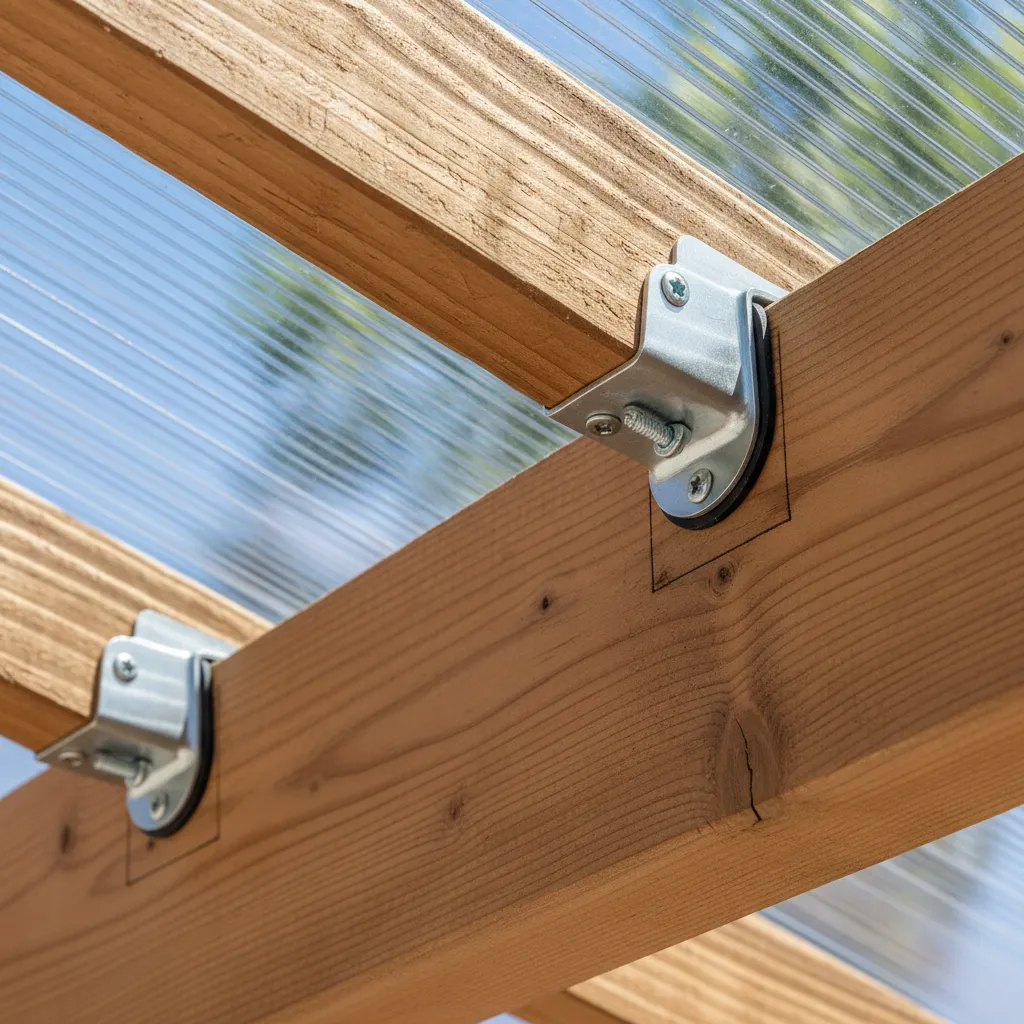 close view of polycarbonate roof panel fasteners and expansion gap on pergola