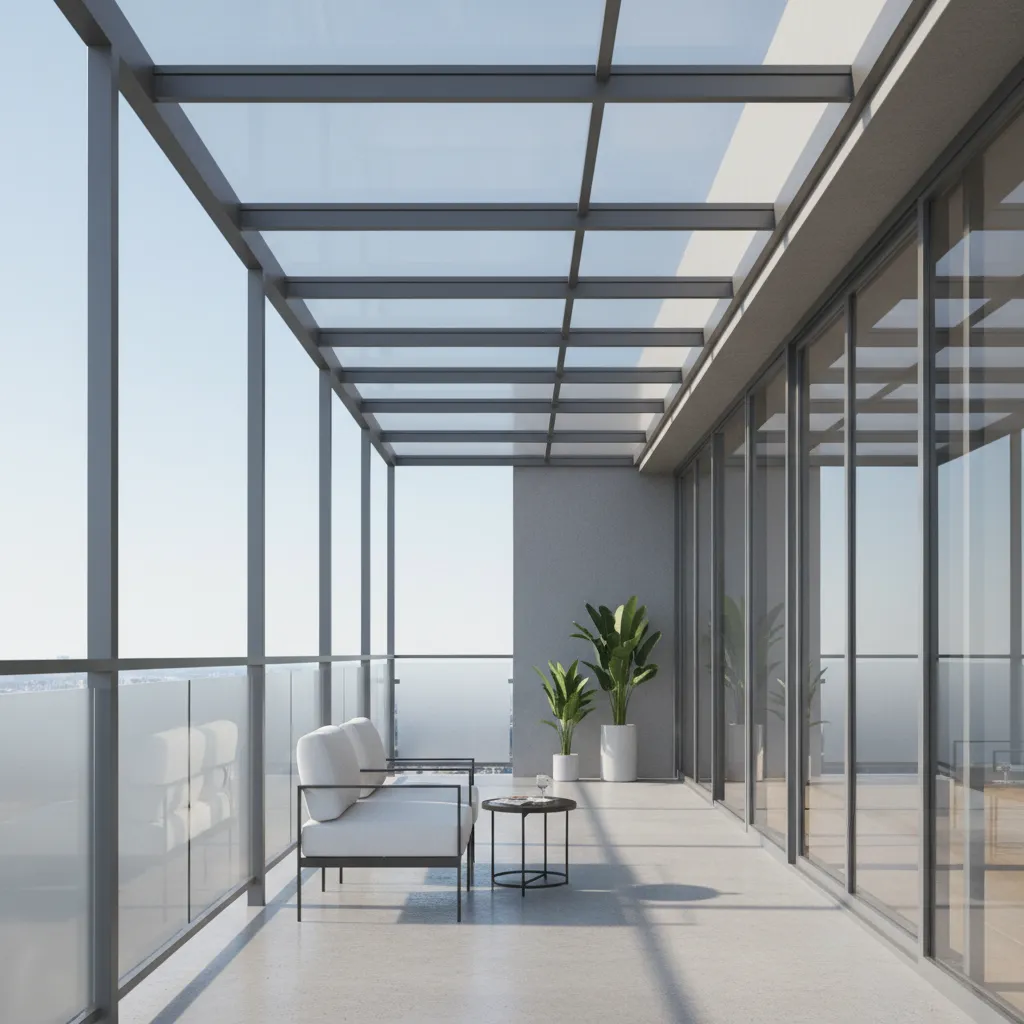 Polycarbonate roof canopy installed over a modern balcony terrace