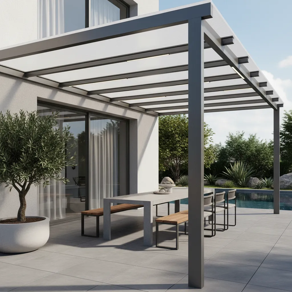 Polycarbonate roof canopy installed over terrace seating area