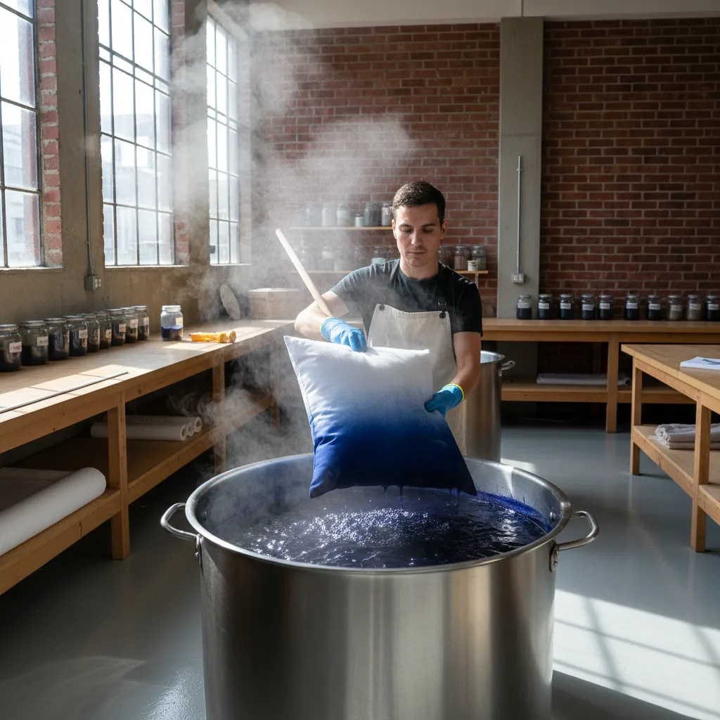 Polyester cushion cover immersion dye process in hot dye bath