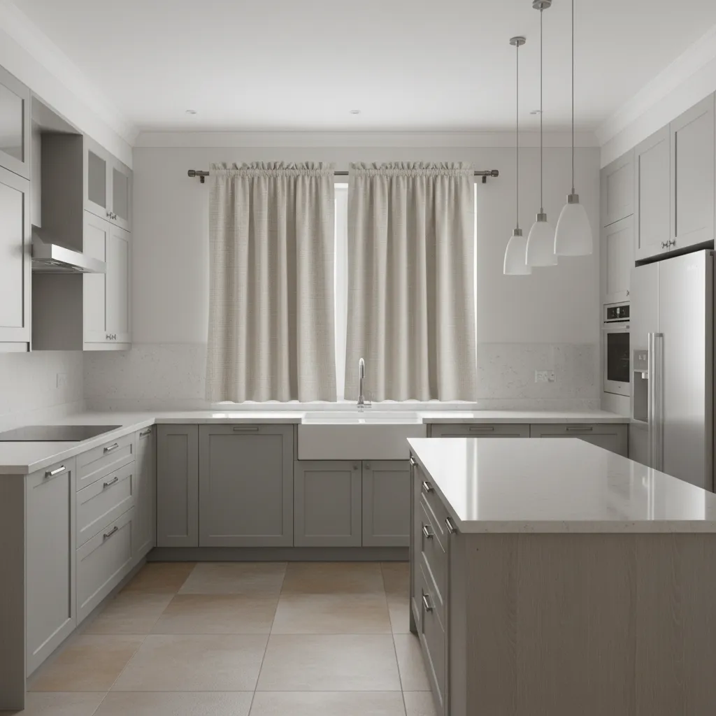 Modern kitchen with durable polyester blend curtains near sink area