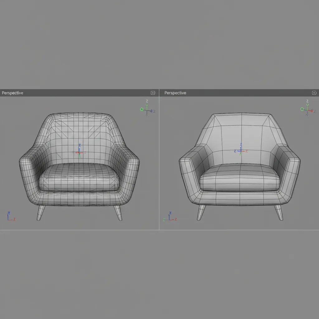 Comparison of high polygon and optimized low polygon 3D models