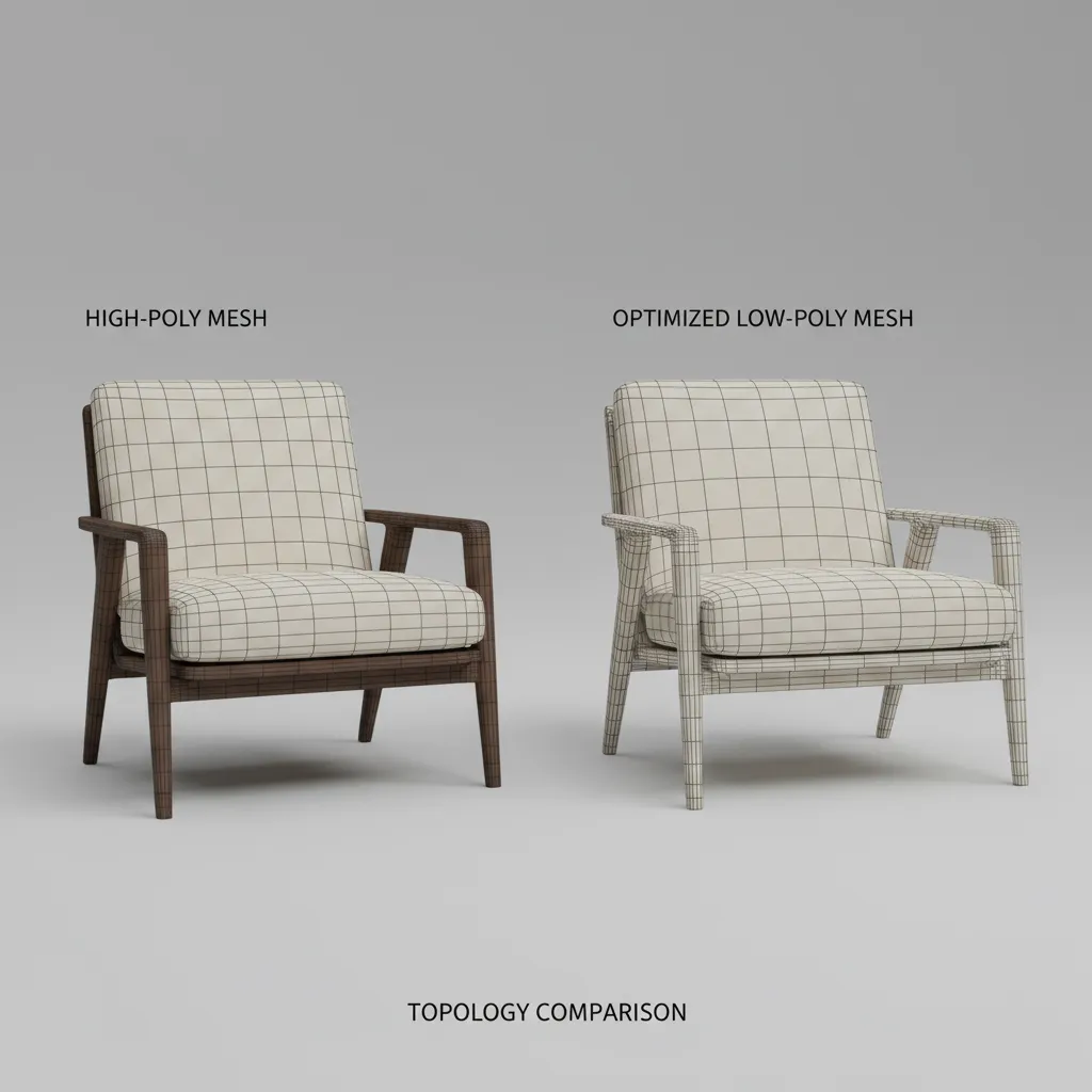 comparison of high poly and optimized low poly 3D model mesh