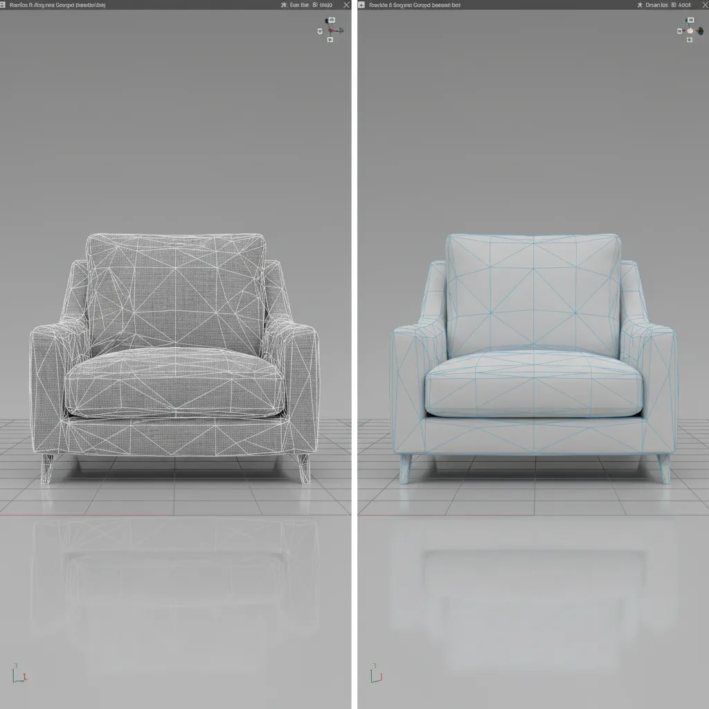 Before and after comparison showing polygon reduction on a 3D model