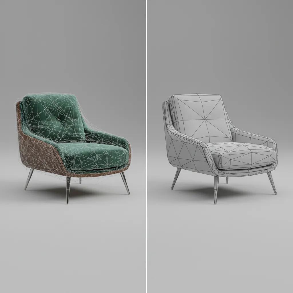 Side by side comparison of high polygon and optimized low polygon 3D model