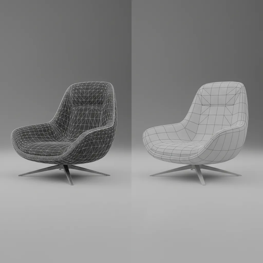 side by side comparison of high polygon and optimized low polygon 3D model