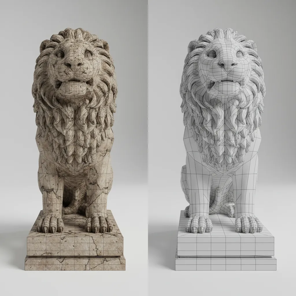 comparison between high polygon mesh and reduced polygon optimized mesh