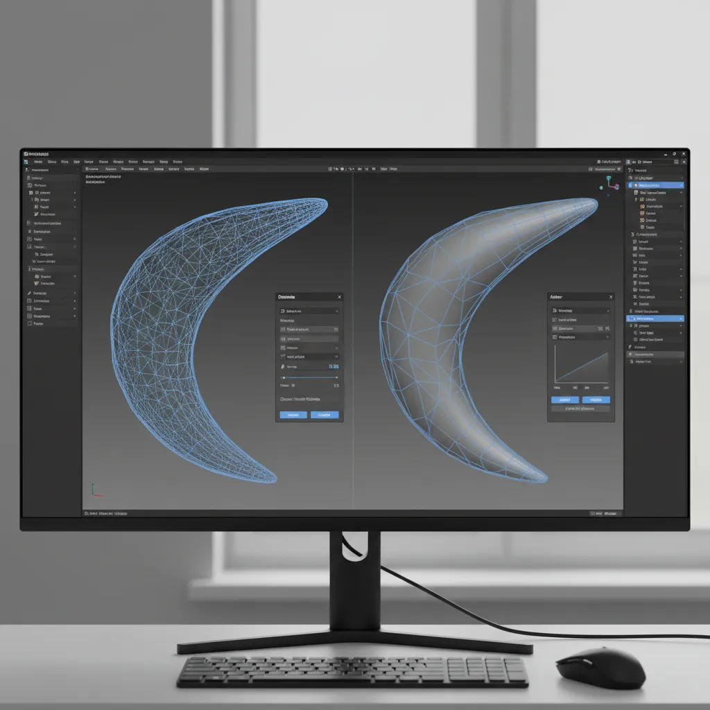 3D modeling interface demonstrating polygon reduction and mesh simplification tools