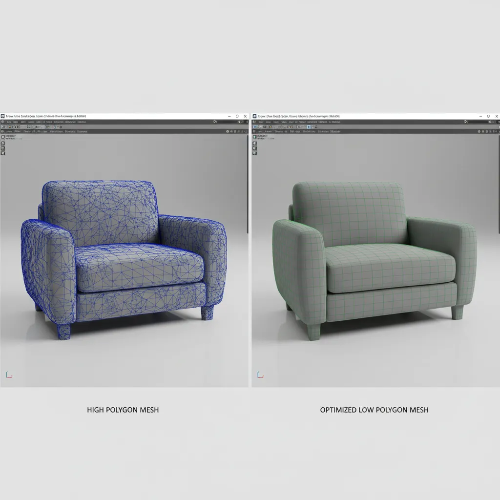 side by side comparison of high poly and optimized low poly 3D model