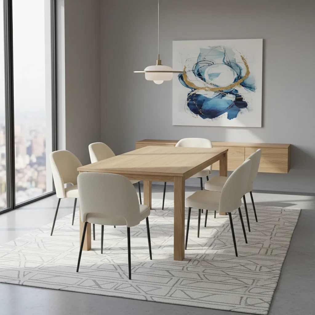 Stylish polypropylene rug under a dining table in a modern home