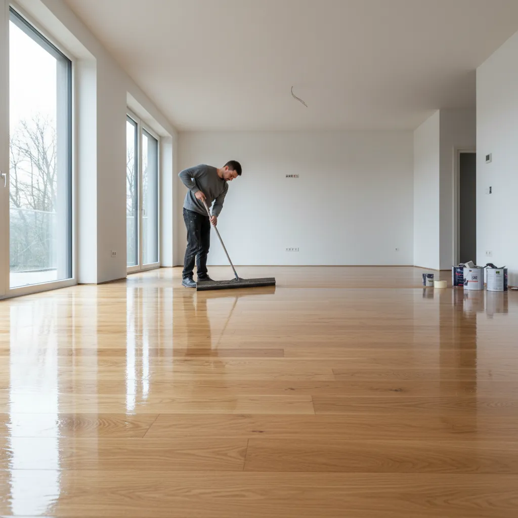 Applying polyurethane to oak hardwood floor using T bar applicator