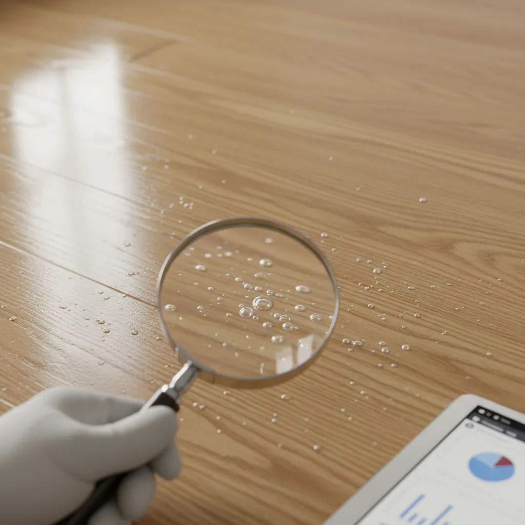 close view of bubbles trapped in polyurethane finish on hardwood flooring