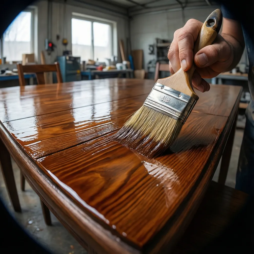 Applying polyurethane protective coating to wooden dining table surface