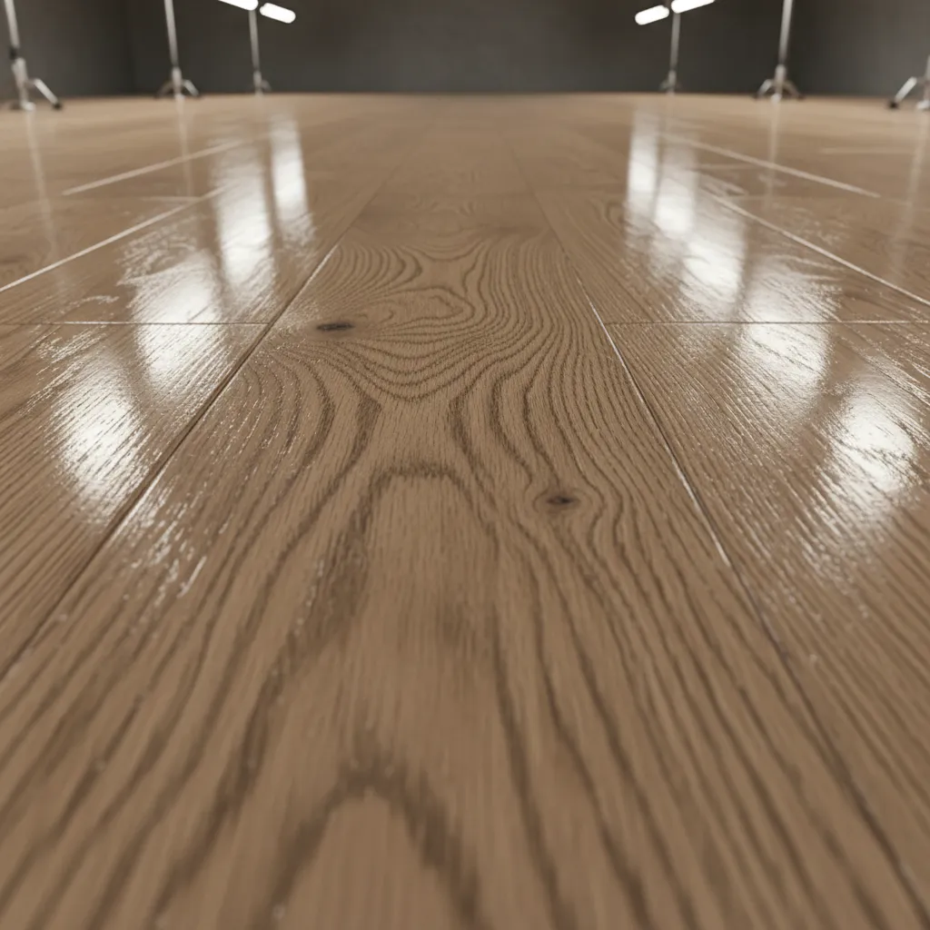 Close view of hardwood floor coating layers during polyurethane application