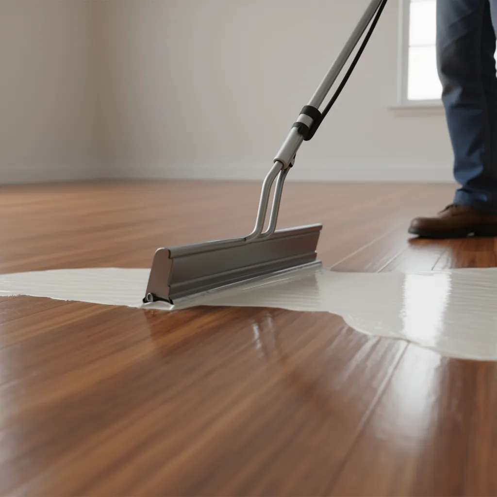 Applying polyurethane to hardwood floor using professional T-bar applicator