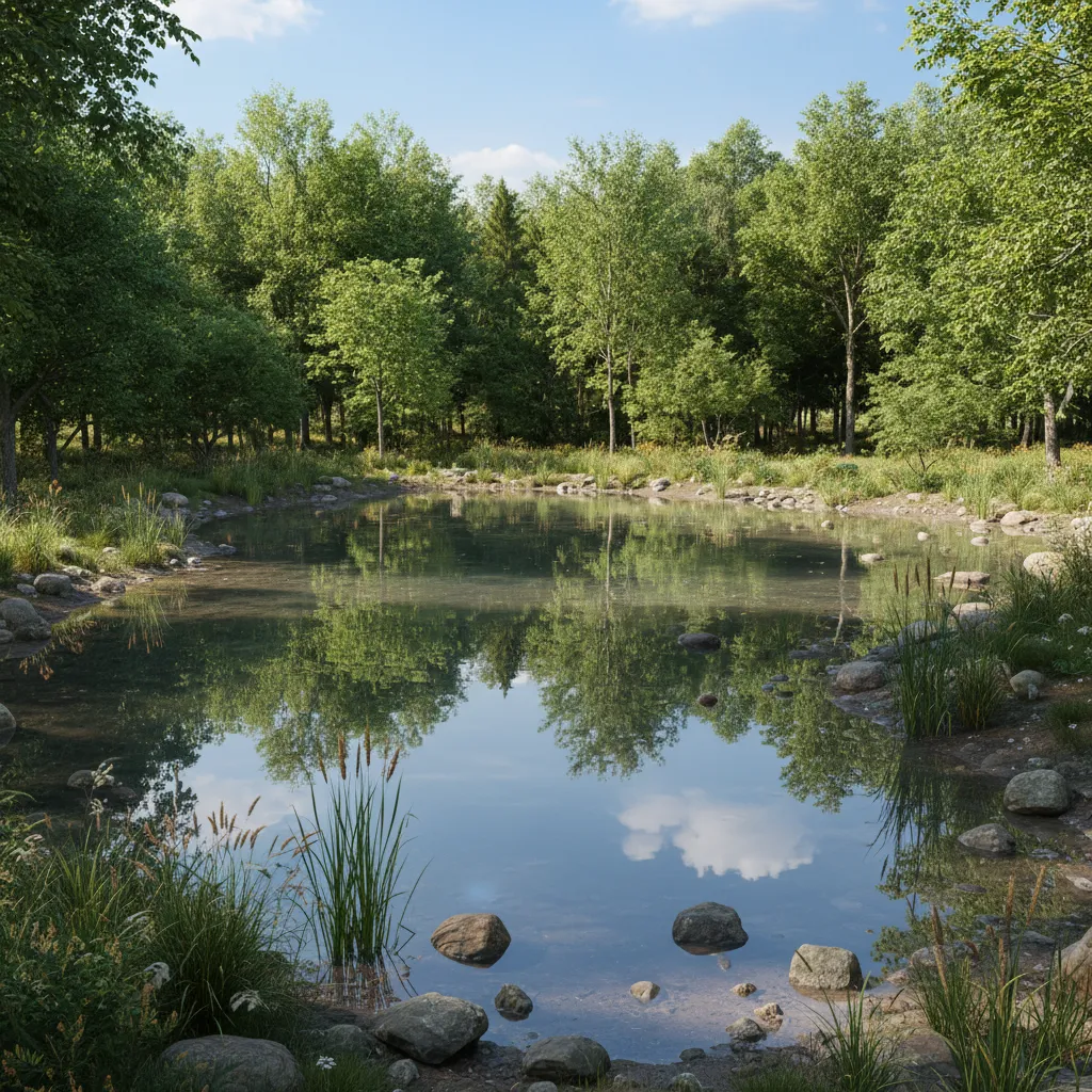3D pond environment showing water, vegetation, rocks, and terrain textures