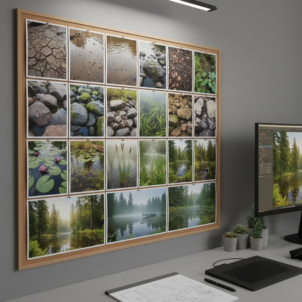 reference board of natural ponds and shoreline textures used by environment artists