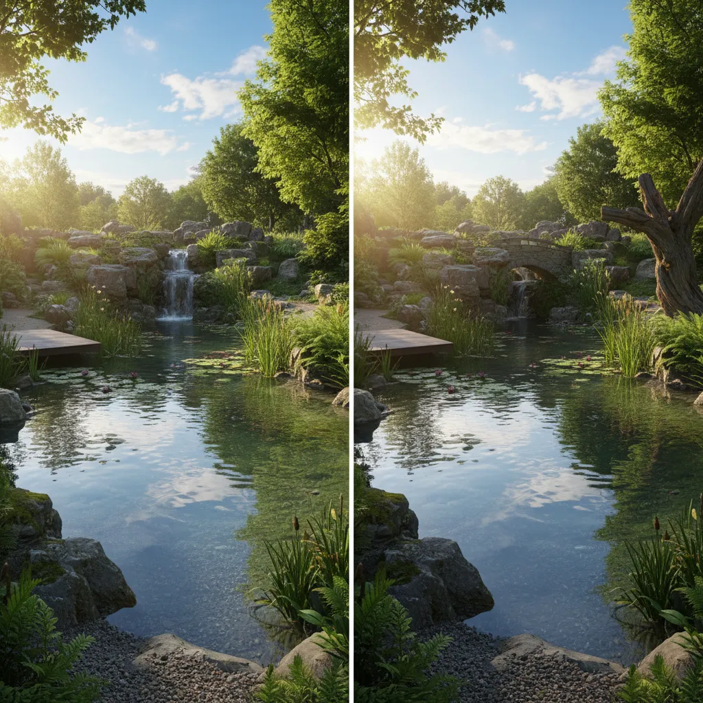 Comparison style visualization of pond environment lighting and rendering quality in different 3D engines
