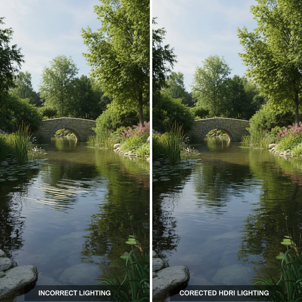 3D pond render showing lighting and reflection artifact troubleshooting example