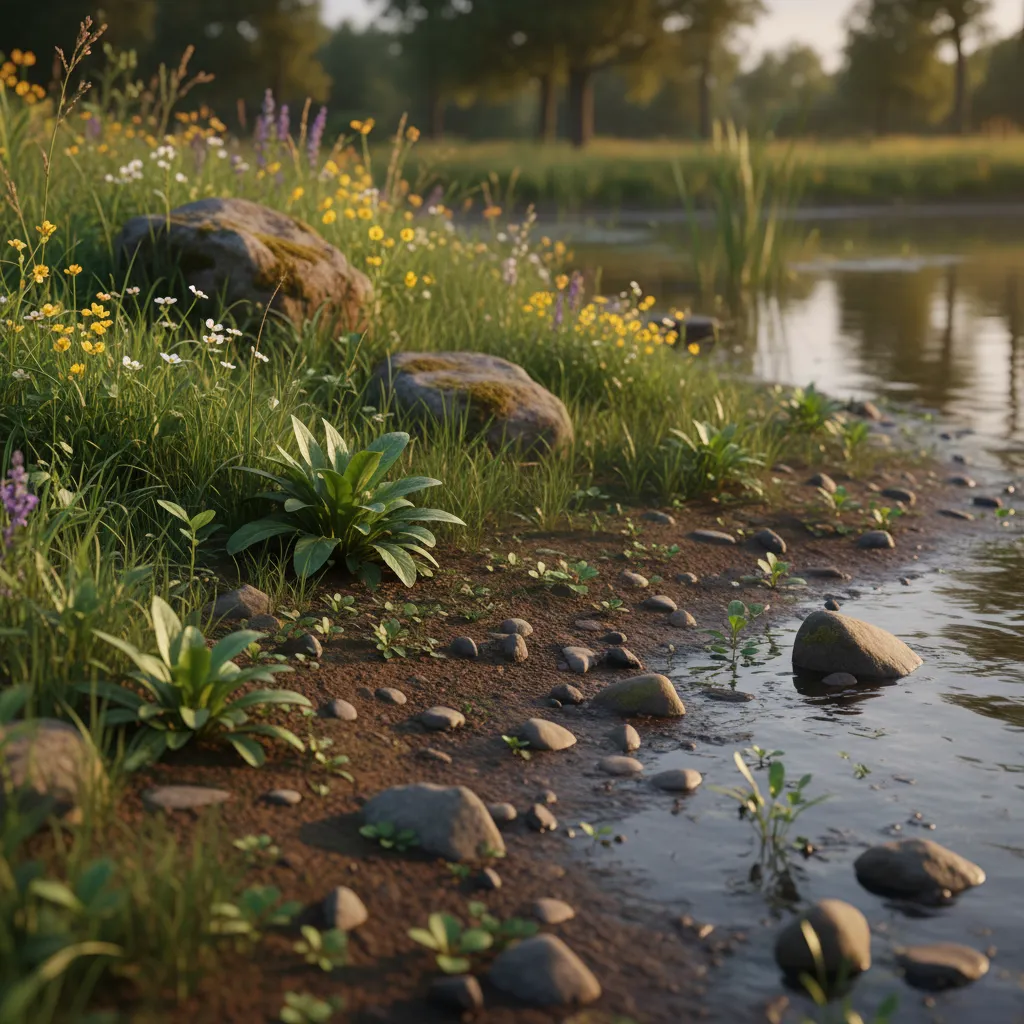 pond shoreline showing layered mud soil grass textures with vegetation
