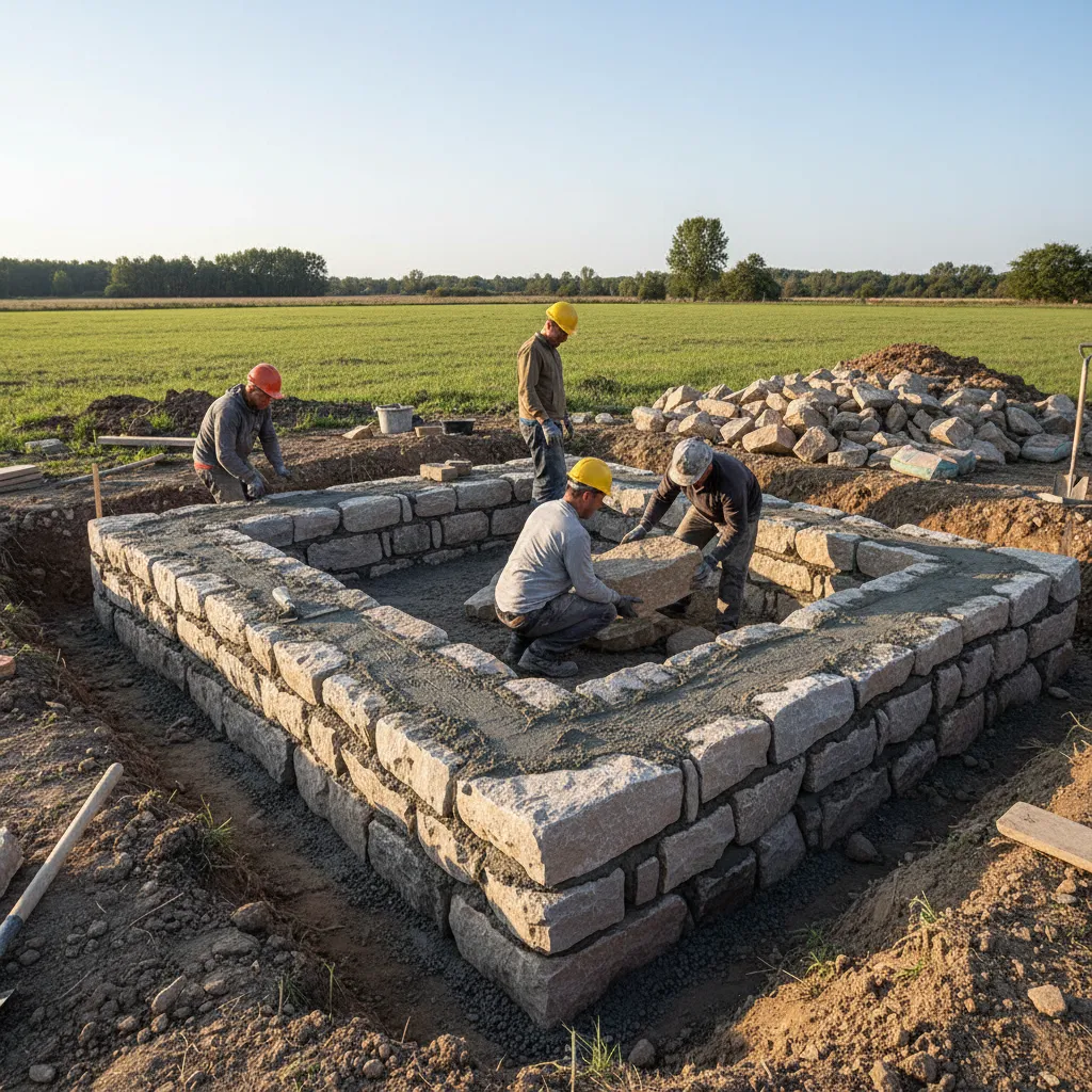 Pondasi batu kali rumah kecil sedang dibangun