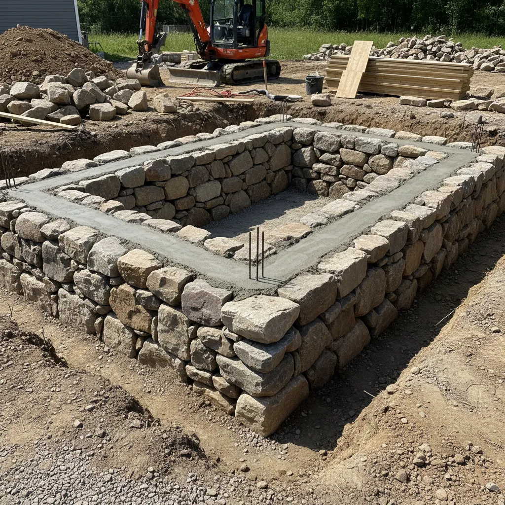 Rectangular stone foundation for a new house with wet concrete on top and orange excavator