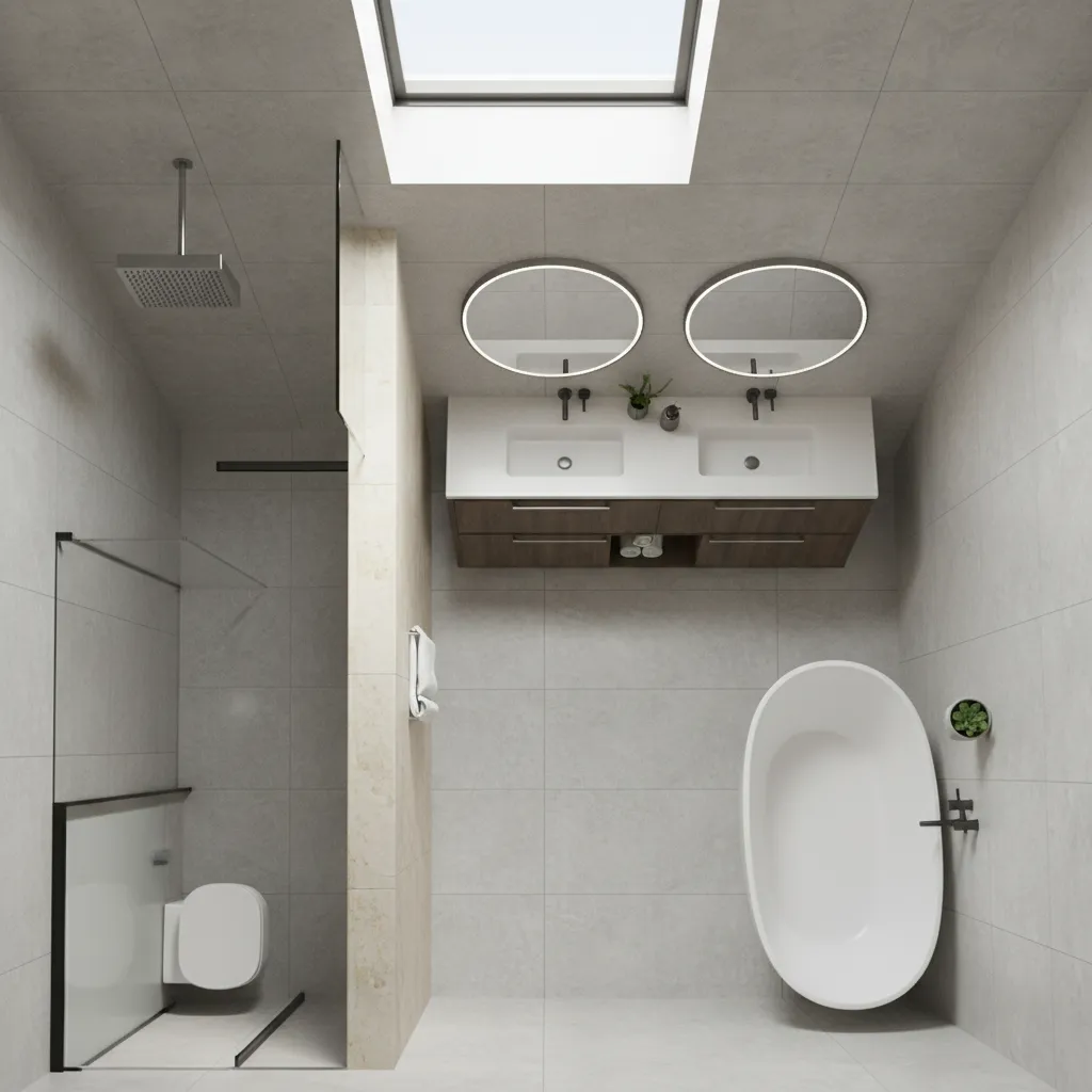 bathroom layout showing pony wall placement between vanity and shower