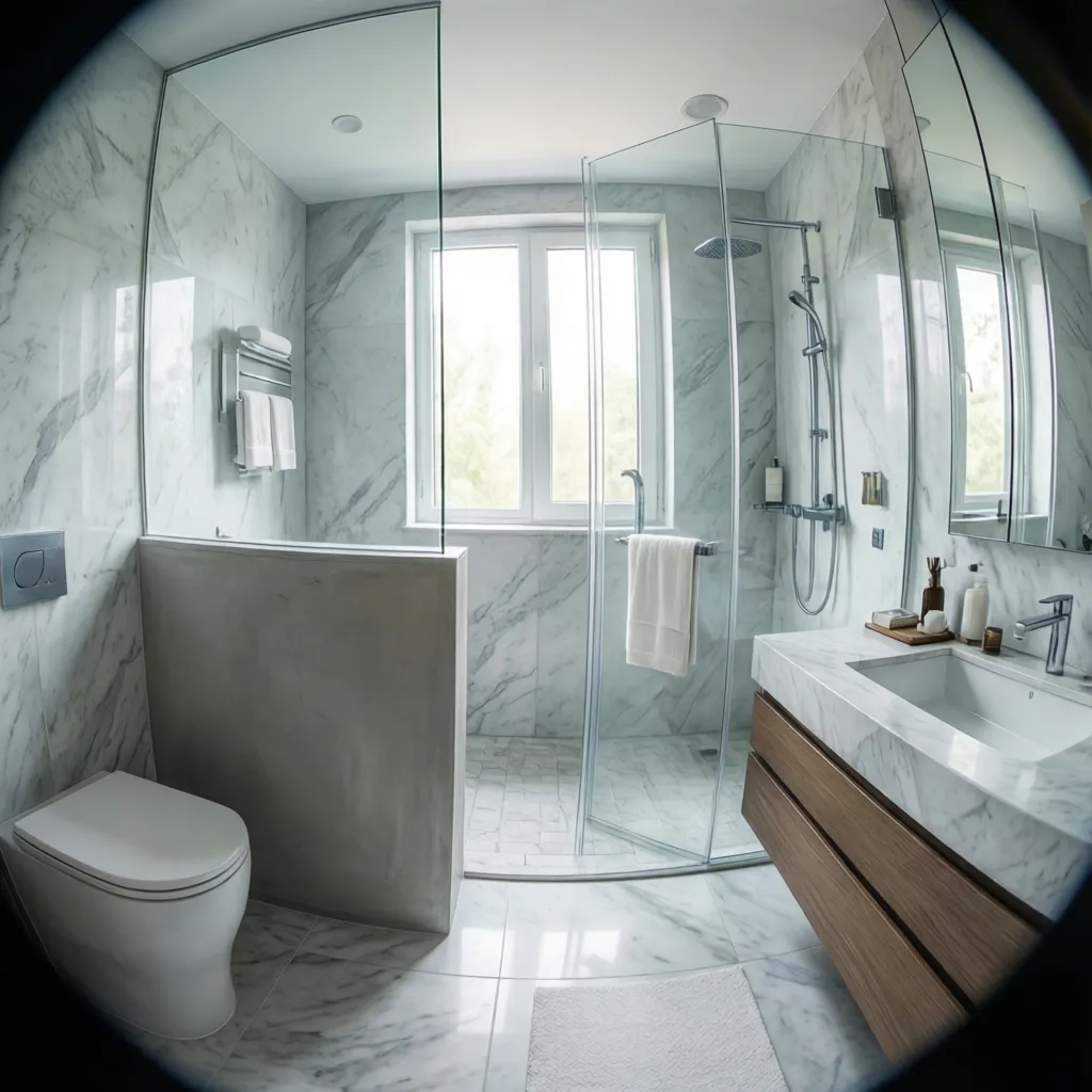 bathroom pony wall with glass panel above allowing light flow