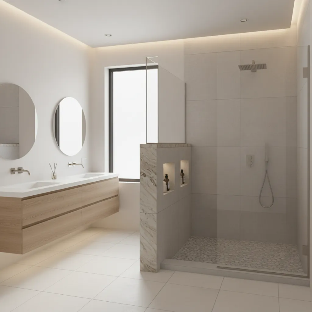 pony wall with built in storage niches in a shower