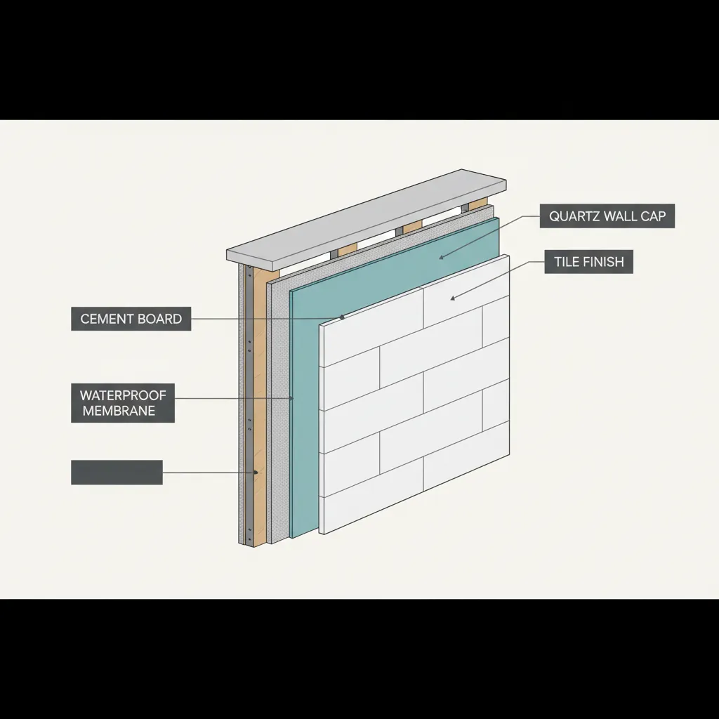 Diagram showing waterproofing layers inside a bathroom pony wall