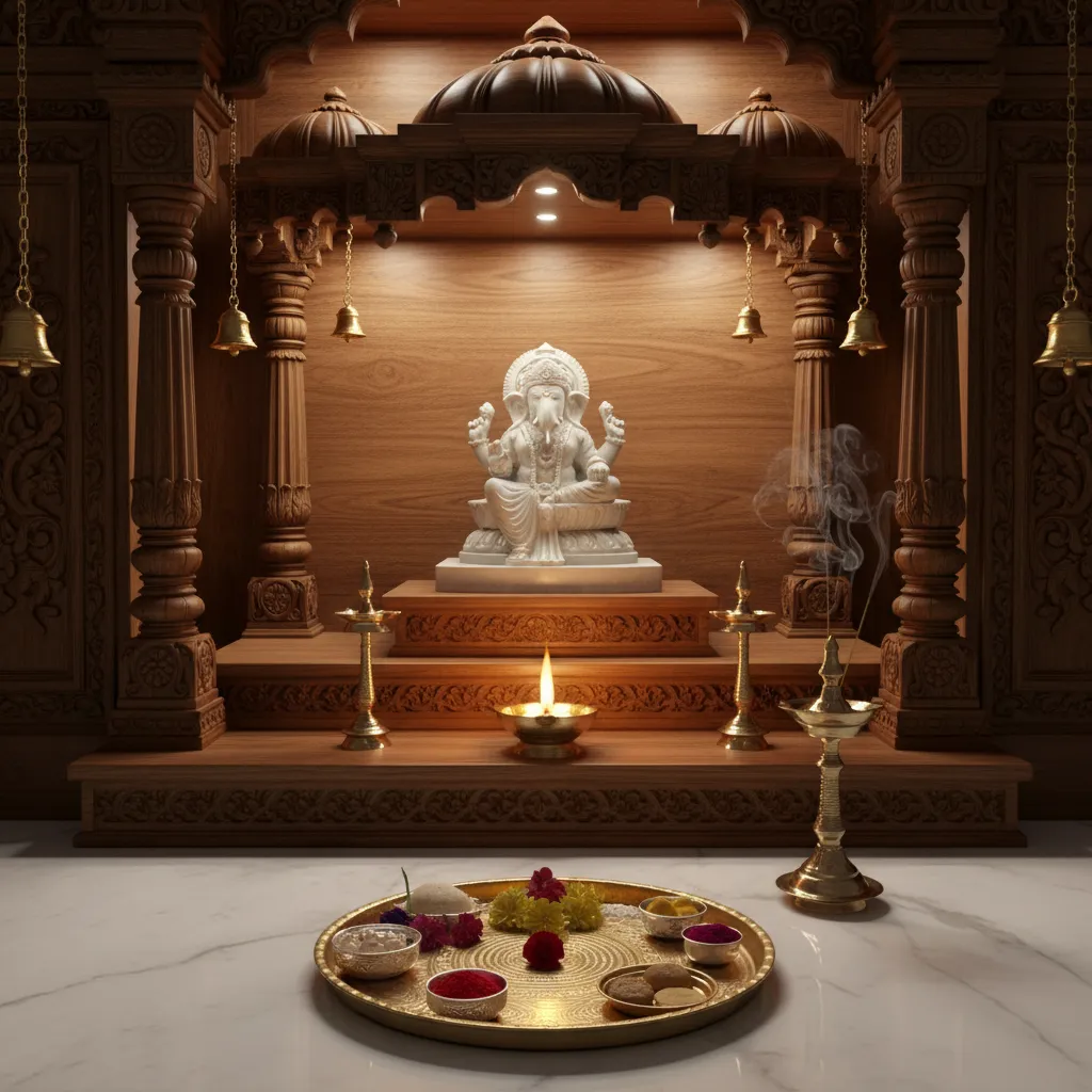 Layered arrangement of idol diya and pooja thali on home altar