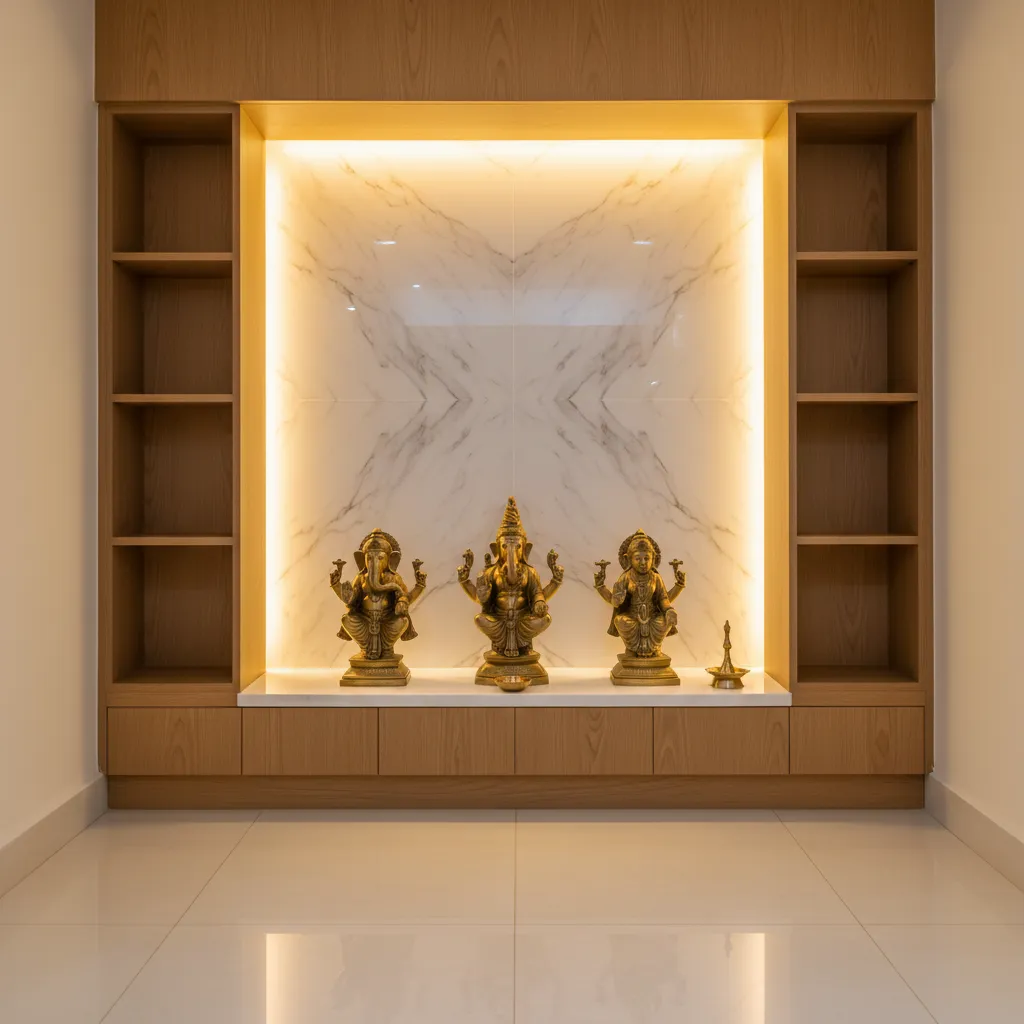 Backlit pooja mandir with warm LED lighting