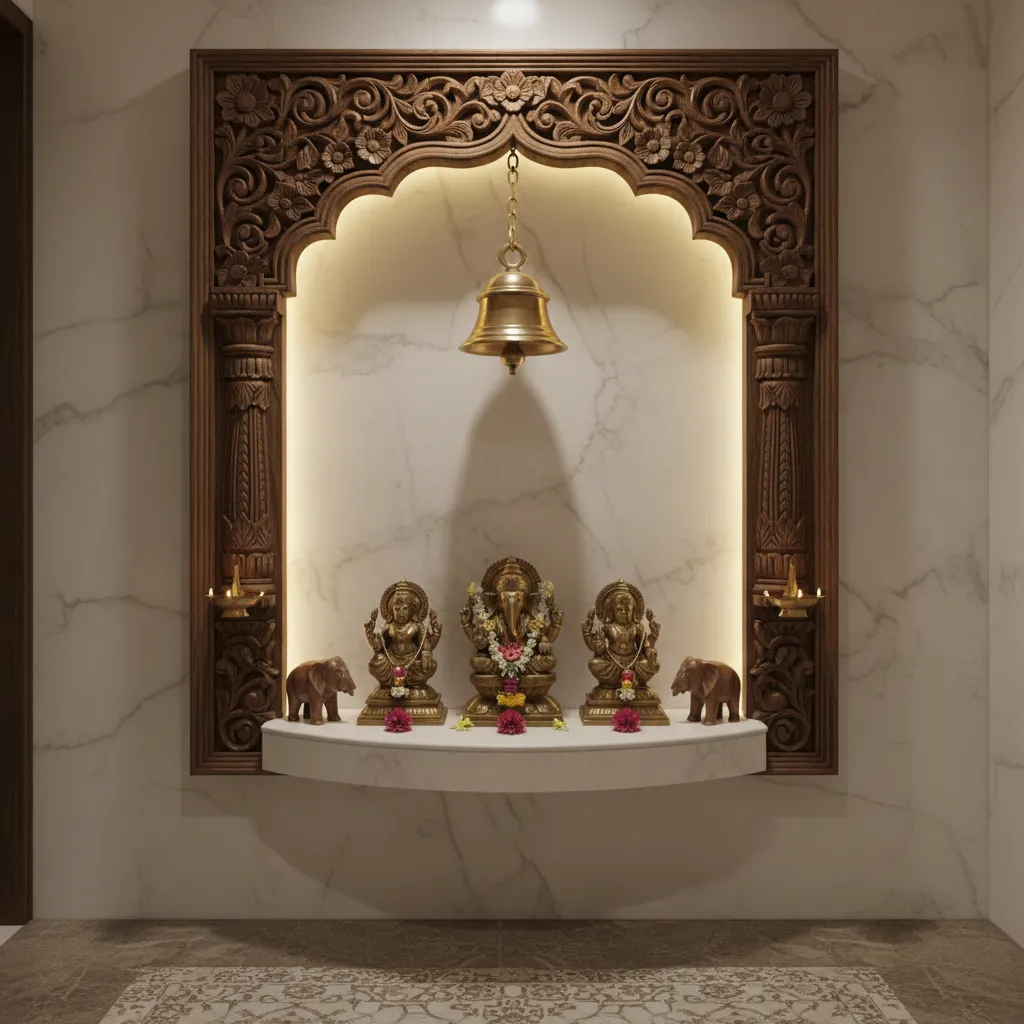 carved wooden pooja frame with hanging brass bell