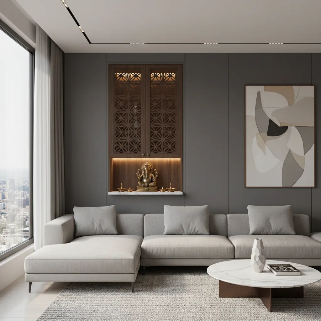 hidden pooja cabinet with decorative doors inside living room