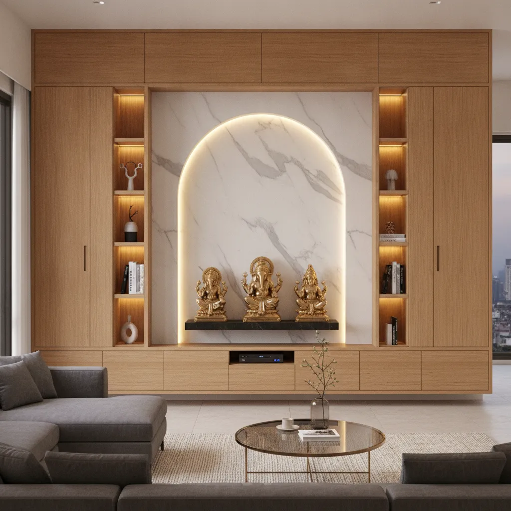 Built in pooja cabinet integrated into modern living room storage wall