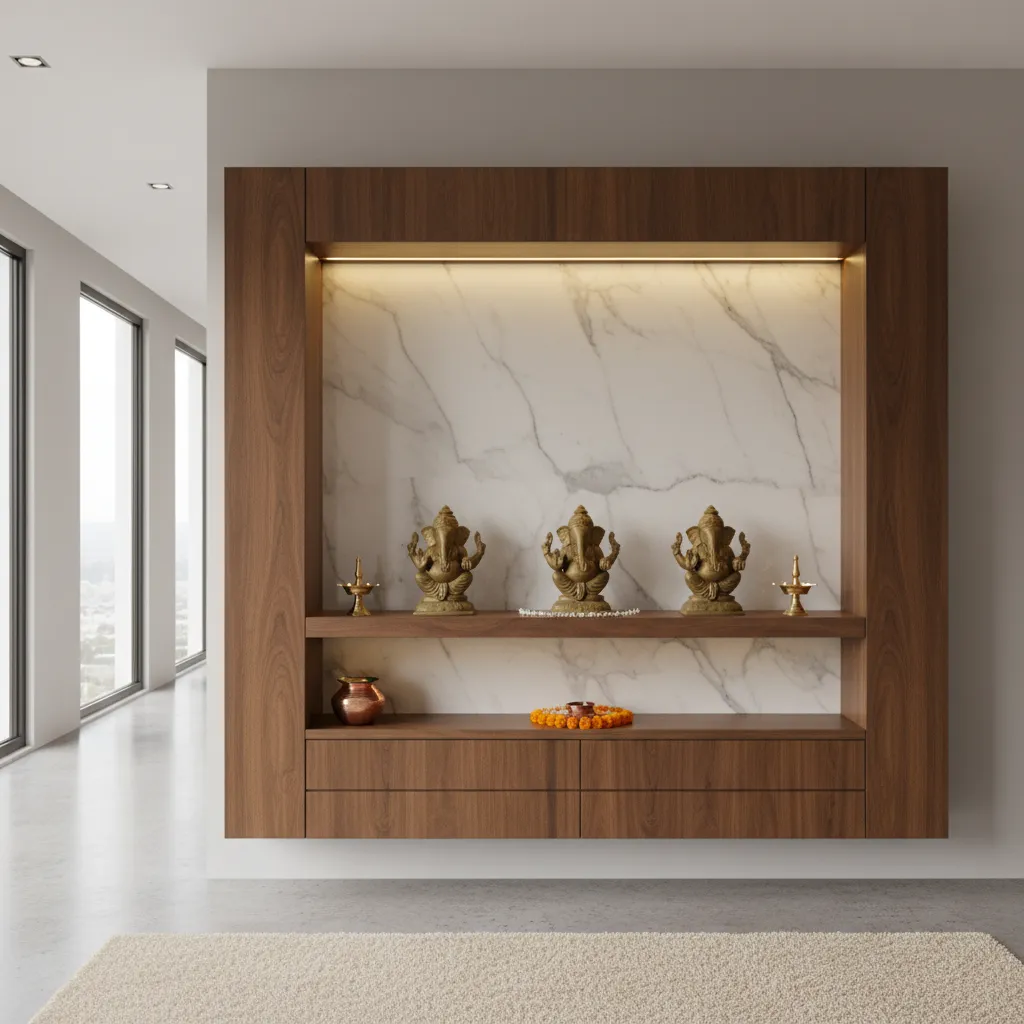 Modern pooja cabinet with warm LED lighting and marble back panel