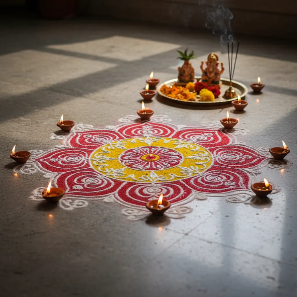 Chowk design made with red yellow and white rangoli colors on stone floor