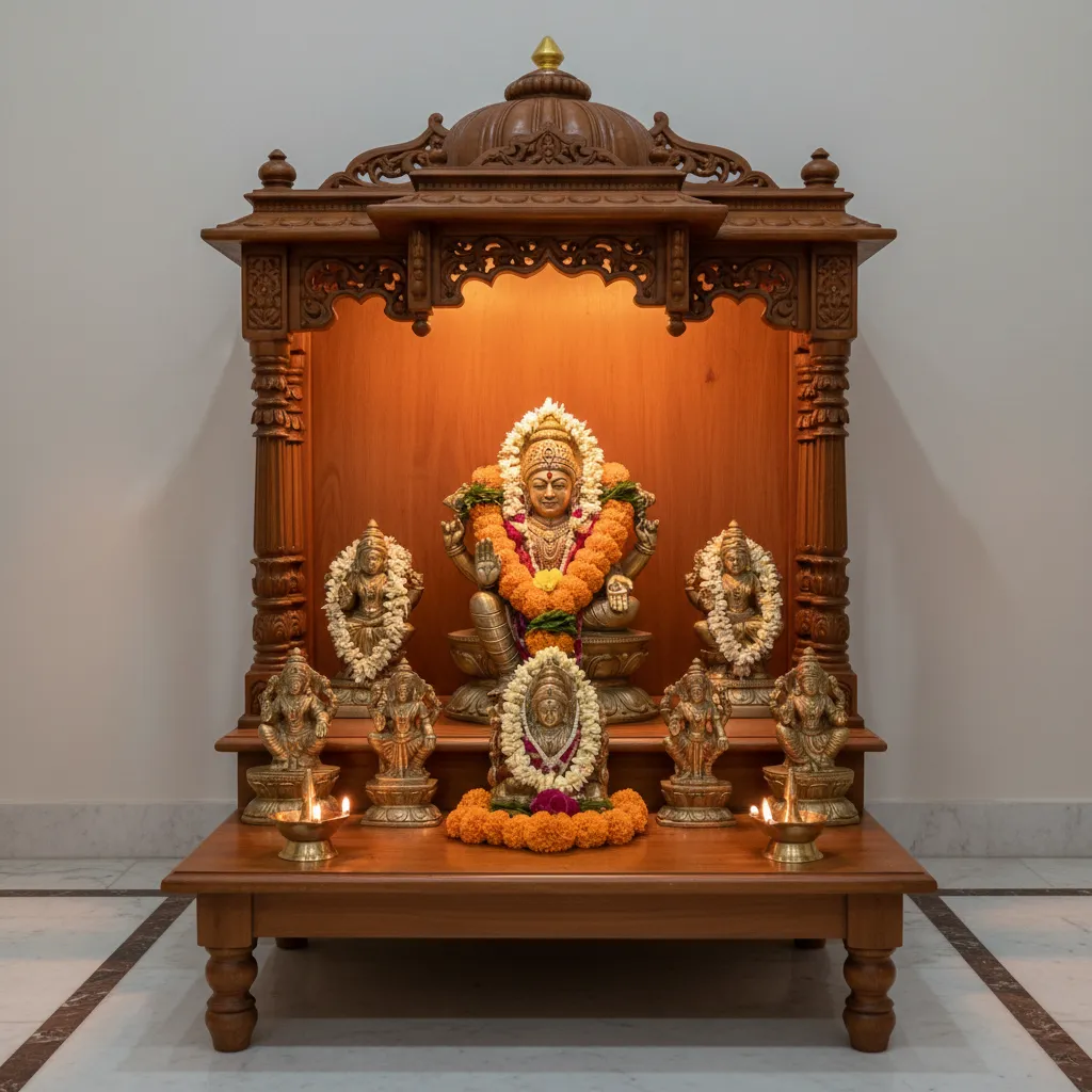 Balanced idol placement on a pooja chowki with diyas