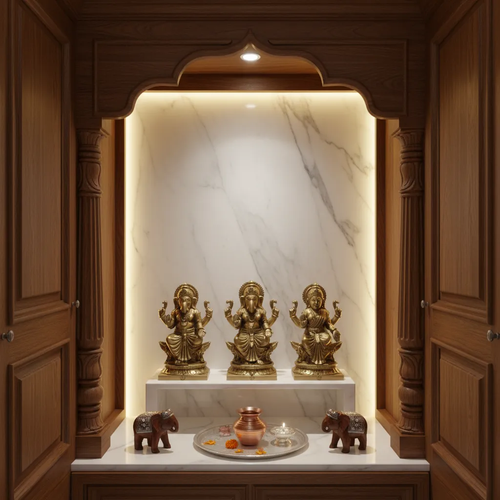 Pooja cupboard interior showing wooden cabinet with marble back panel and lighting