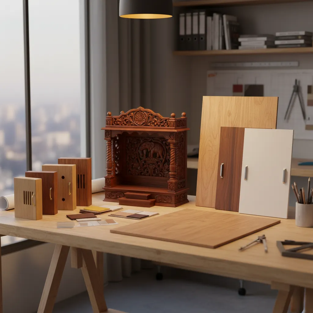 Different materials used for pooja cupboards including plywood and solid wood