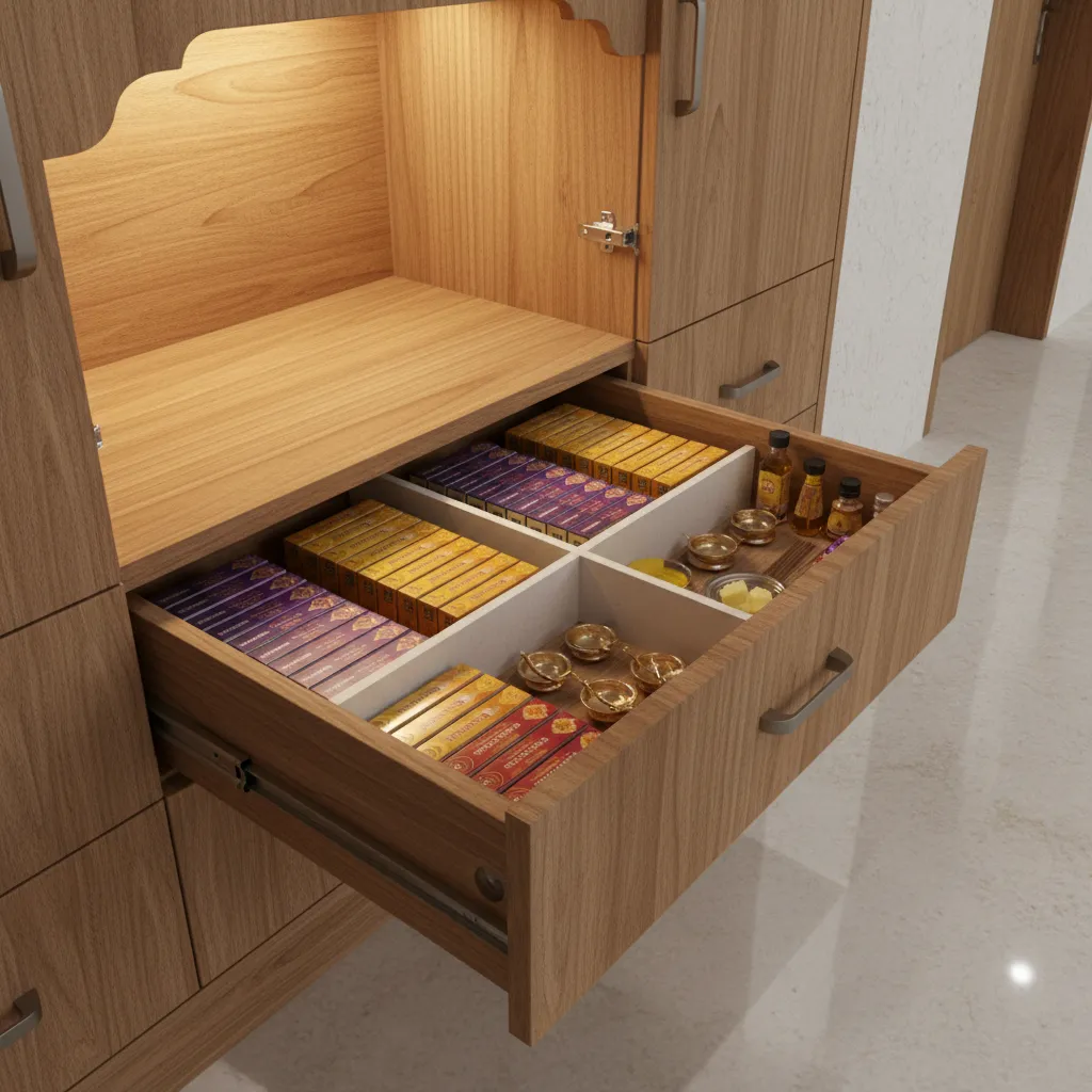 Pooja cupboard with organized drawers for incense and prayer items