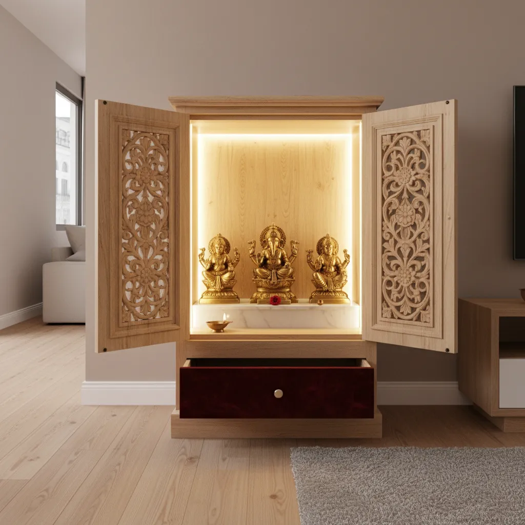 small pooja cupboard with warm LED lighting and carved panel doors