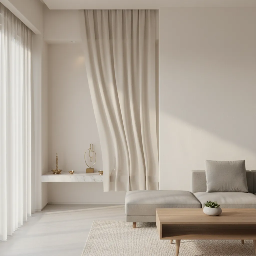 Curtain divider layout separating pooja area from living room