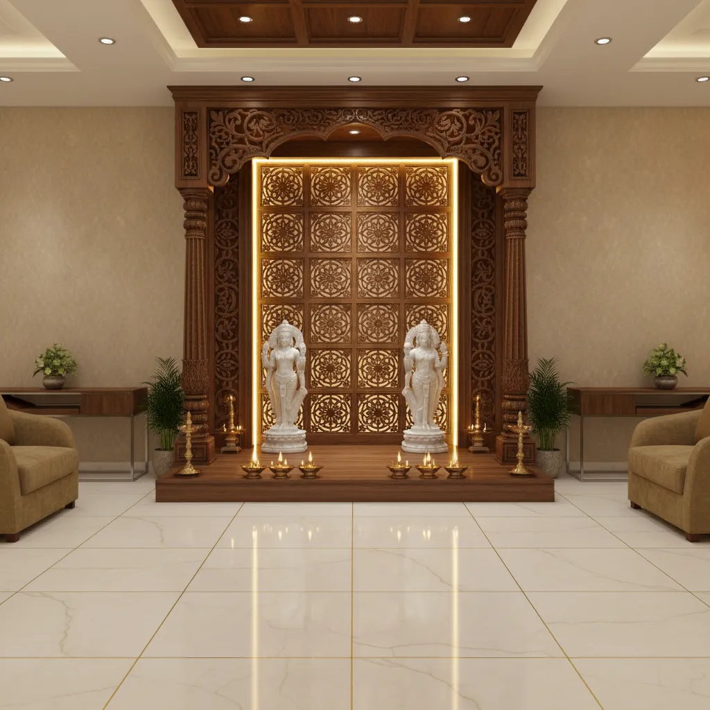 Decorative pooja mandir with LED backlighting and diya lamps