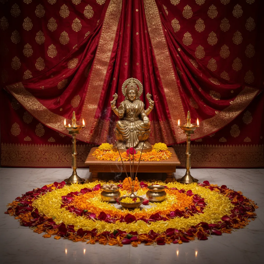 Pooja altar with colorful fabric backdrop and flowers