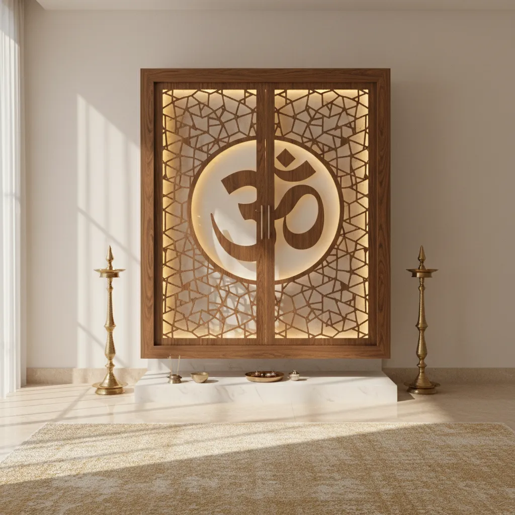 CNC carved pooja door featuring Om symbol pattern with geometric lattice