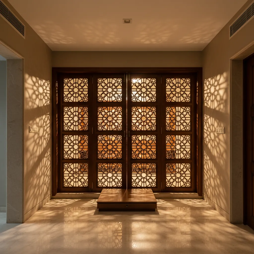 Kerala pooja door with wooden lattice panels allowing ventilation