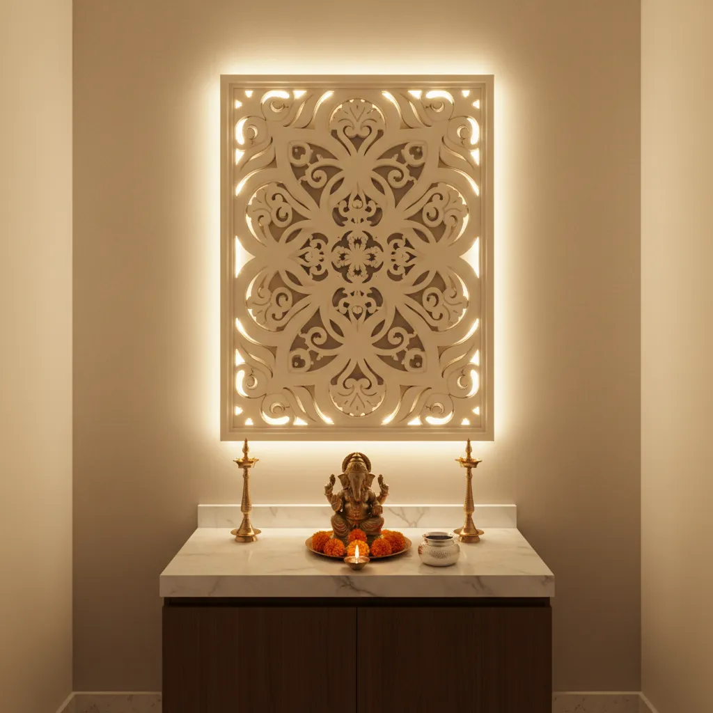 small pooja ghar with warm LED lighting and decorative back panel